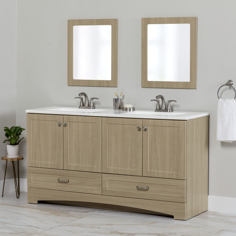 Meuble-lavabo double 60,50 po avec 2 armoires, 2 tiroirs et plateau en marbre de culture Emlyn, Brun