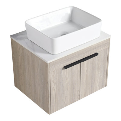 24 " Modern Design Float Bathroom Vanity With Ceramic Basin Set,  Wall Mounted White Oak Vanity