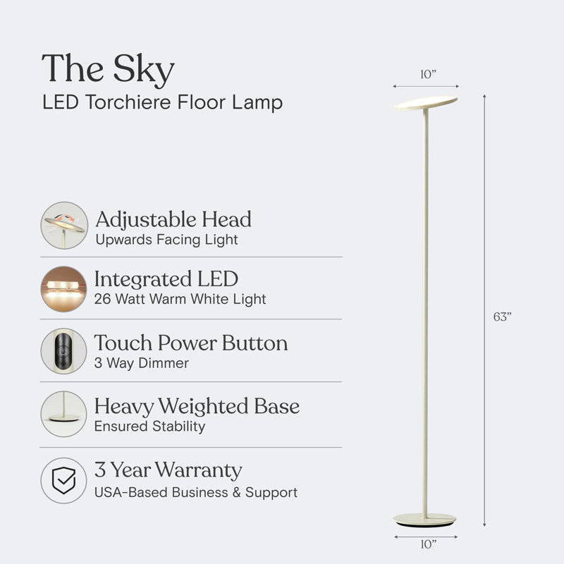 Sky 63" Cream Modern LED Torchiere Floor Lamp With Adjustable Head, Cream