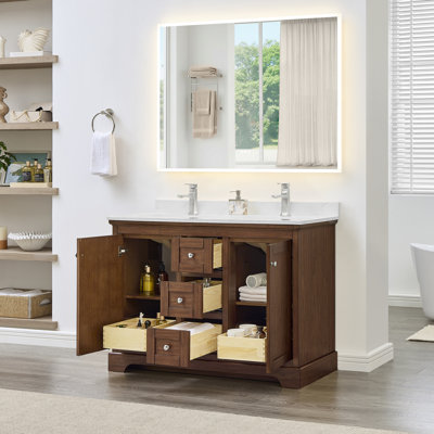 Avery 48 Inch Double Bathroom Vanity in Dark Walnut, Carrara Cultured Marble Countertop, Undermount Square Sinks (1-Hole), Polished Chrome Trim