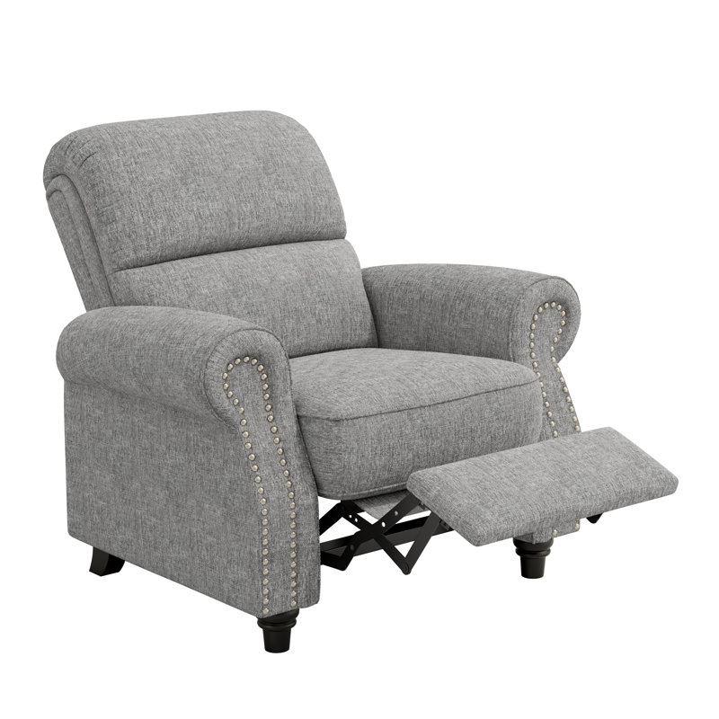 Bustle-Back Pushback Recliner Chair with Nailhead Trim in Chenille, Gray