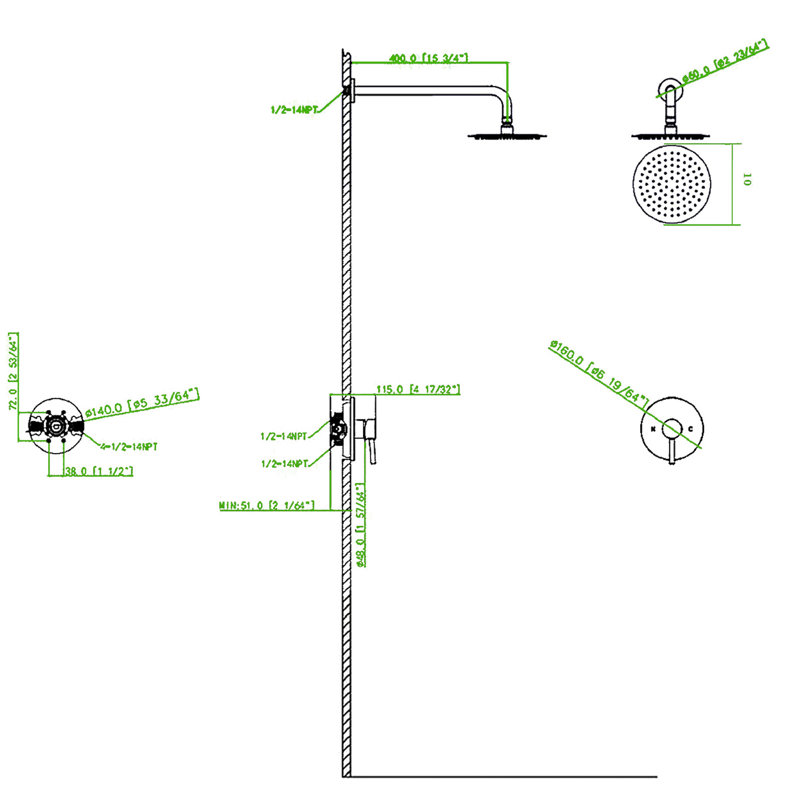 Robinet de douche mural avec valve incluse - laiton résistant pour un bain et une douche satisfaisants