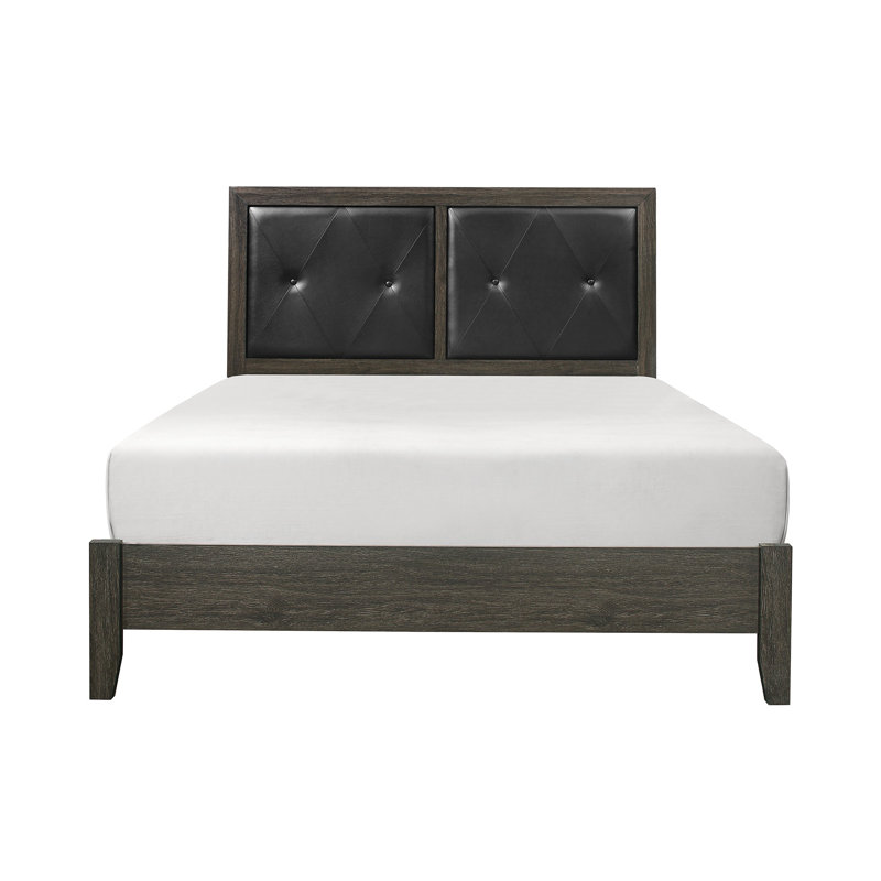 Lit gris foncé avec bouton moderne en similicuir - tête de lit et structure en bois avec cadre en bois massif chic