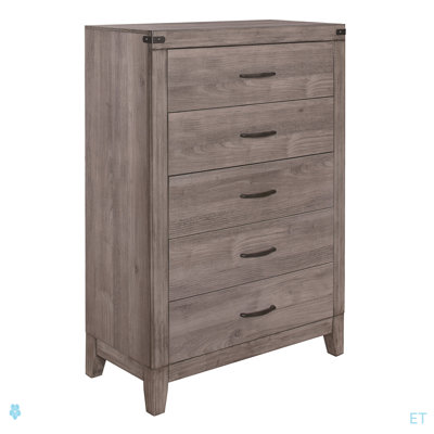 Commode de chambre à coucher à finition brun gris 1 pièce avec 5 tiroirs en mélamine laminée et métal foncé