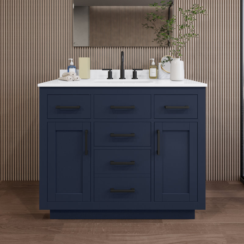 Beckett TK 42'' Single Bathroom Vanity with Quartz Top, Matte Black, 8" Center