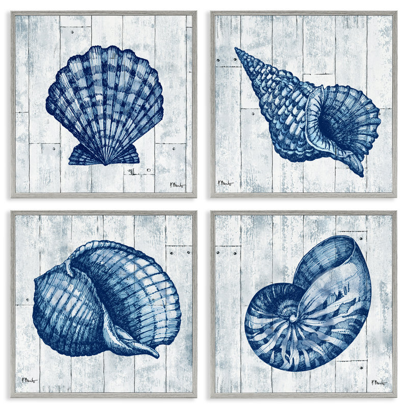 Ensemble de giclées encadrées 4 pièces Coastal Timberland Seashells, design par Paul Brent, 12 x 12