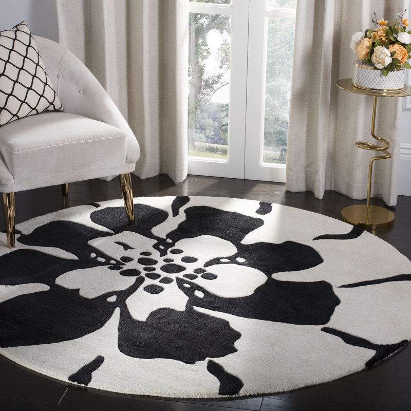 Tapis noir / blanc en laine touffeté à la main Colette, Rond 6 pi
