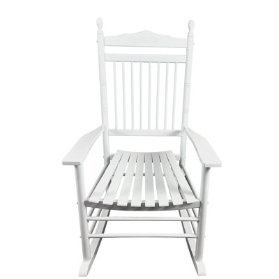 Chaise berçante blanche pour adulte sur un porche de balcon - construction en bois massif, siège et accoudoirs larges, dossier stable, assemblage facile, meubles à charge maximale de 280 lb, blanc, fabrication en bois franc, solide et confortable