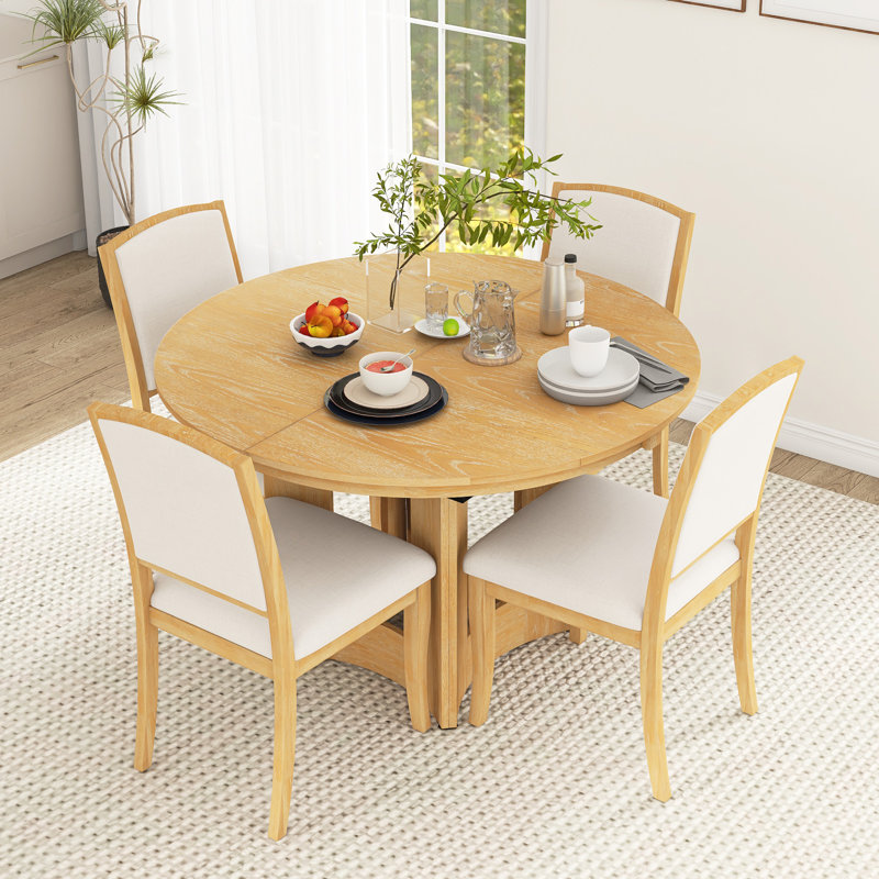 5-Piece Solid Wood Extendable Farmhouse Dining Table Set, Brown, Brown