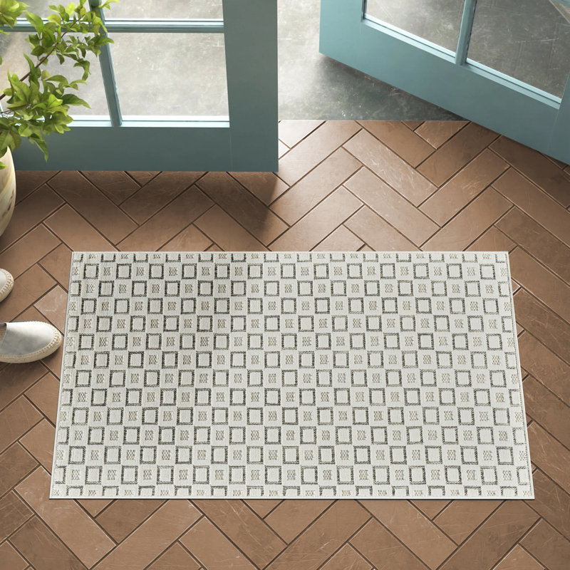 Tapis d'entrée à motif géométrique crème / beige de 3 pi x 5 pi (2 pi 7 po x 4 pi 11 po), tapis d'entrée contemporain, à poils courts et résistant aux taches - porte d'entrée, vestibule, couloir et cuisine