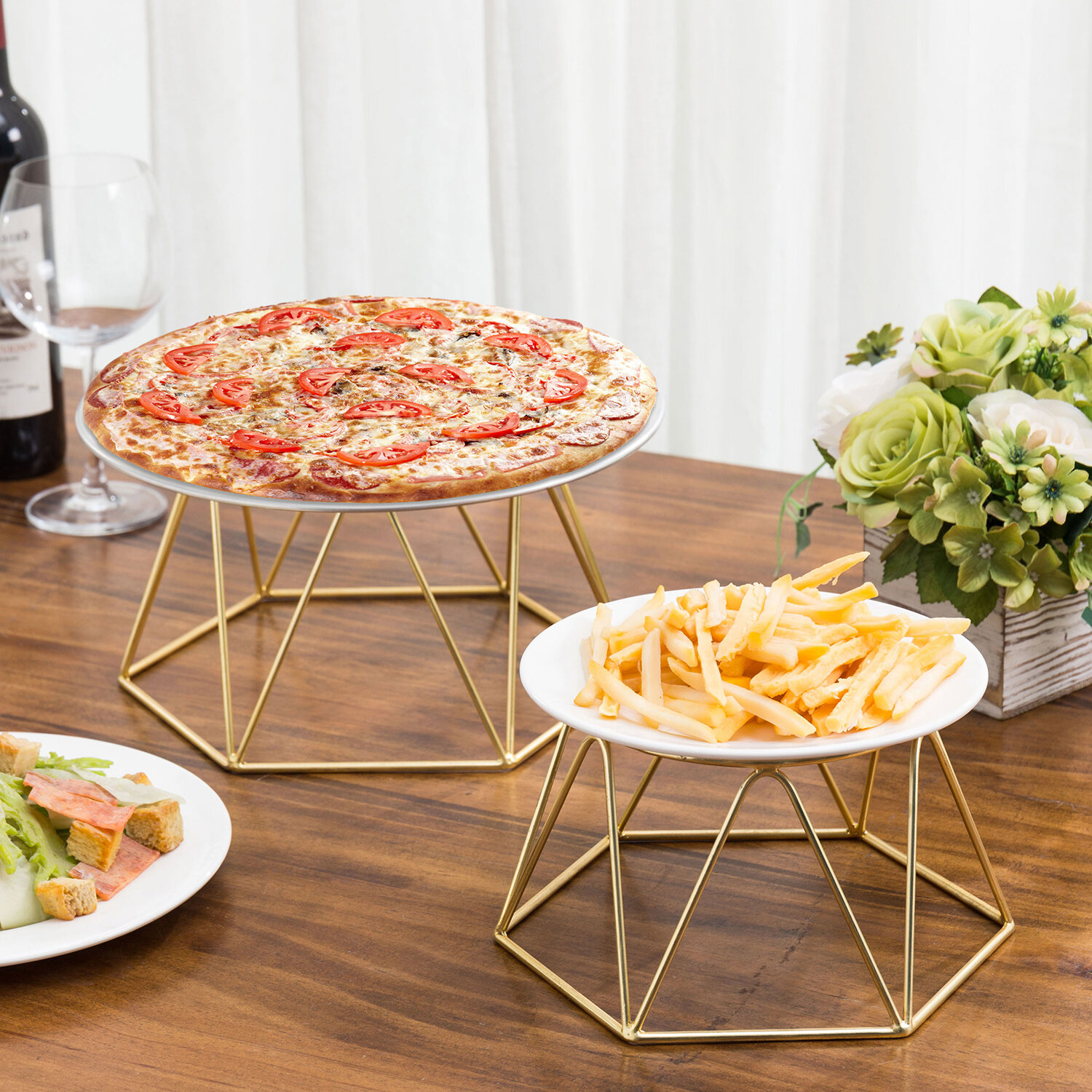 Set of 4 Metal Pizza Pan Riser Stands, Tabletop Food Platter Tray