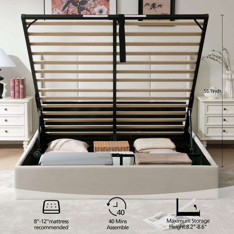 Queen Off-White Linen Upholstered Platform Bed with Hydraulic Storage