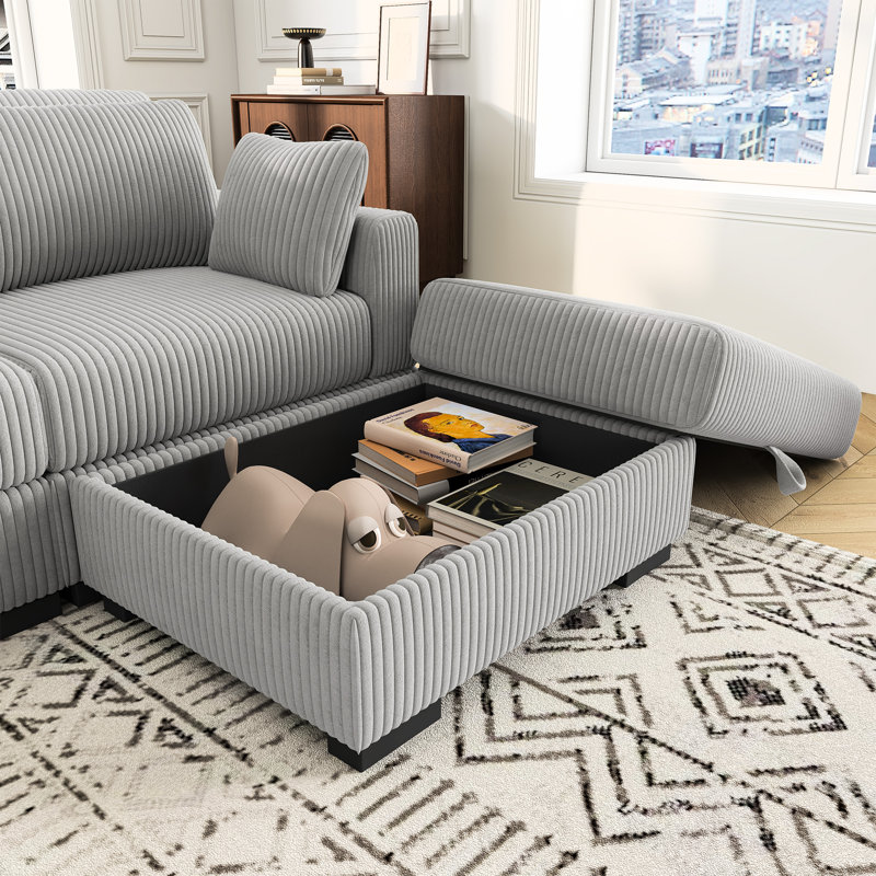 Canapé modulaire en velours côtelé avec rangement 100 po, Velours côtelé gris