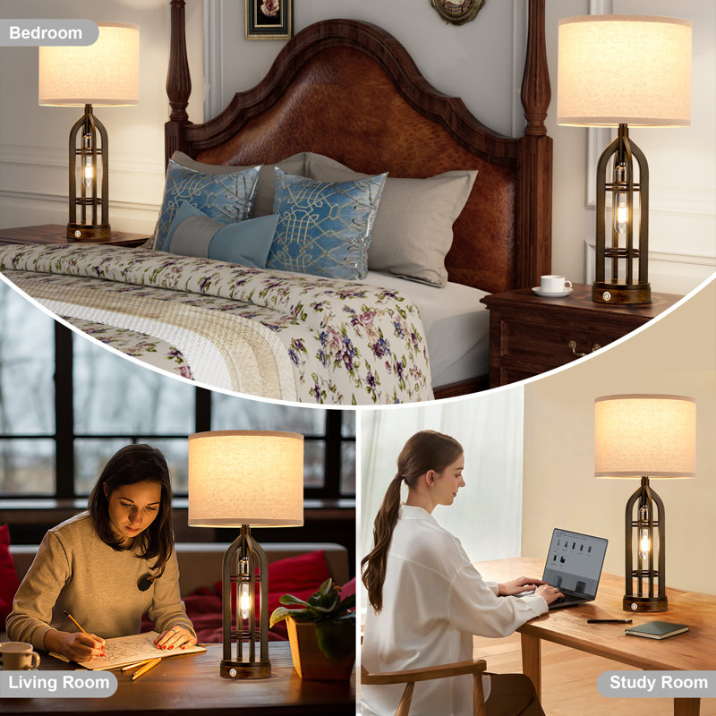 25'' Farmhouse Table Lamp Set with Rotary Socket and USB A&C Ports, Black