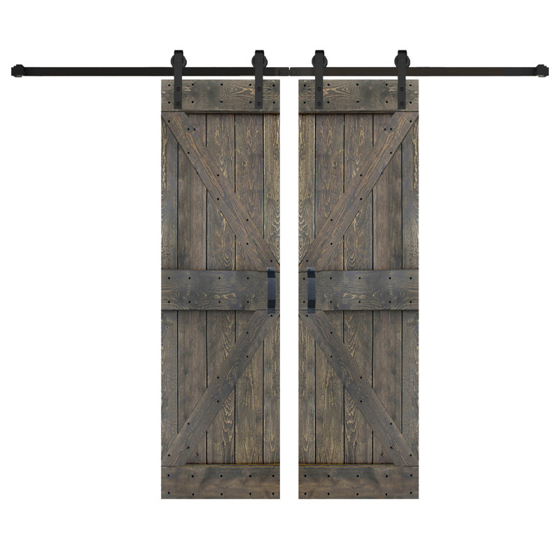 2 ensembles de porte de grange coulissante en bois massif gris fumé K Style avec trousse de quincaillerie - Assemblage requis