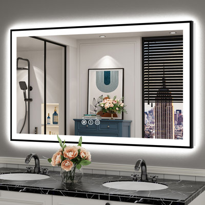 Matte Black Matel Framed Vanity Mirror with Lights, Front-lit and Back-lit, Memory Function, 3 Color Temperatures, Dimmable Light & Anti-fog Tempered Glass ETL Listed LED Mirror