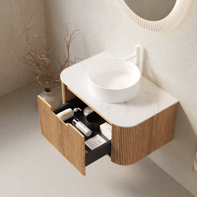 Ensemble de meuble-lavabo et évier Modern Modern, bois naturel et pierre frittée, conception peu encombrante