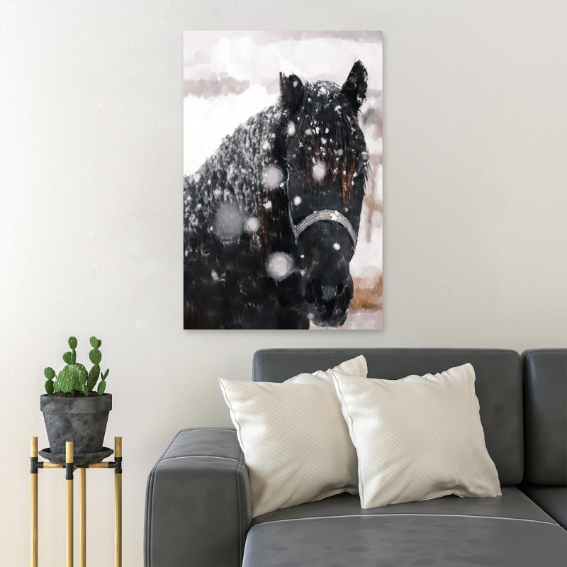 Cheval brun et noir sur un sol recouvert de neige - Reproduction d'art graphique rectangulaire sur toile tendue 1 pièce
