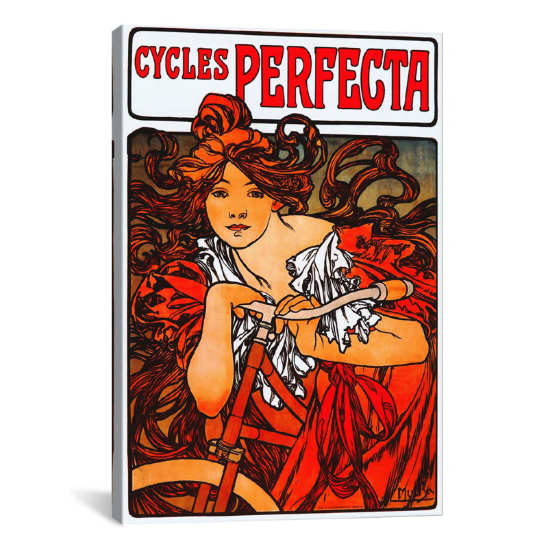 « cycles perfecta » par alphonse mucha, affiche rétro sur toile, H 12 po x l 8 po x P 0,75 po, Toile tendue, Pas de tapis
