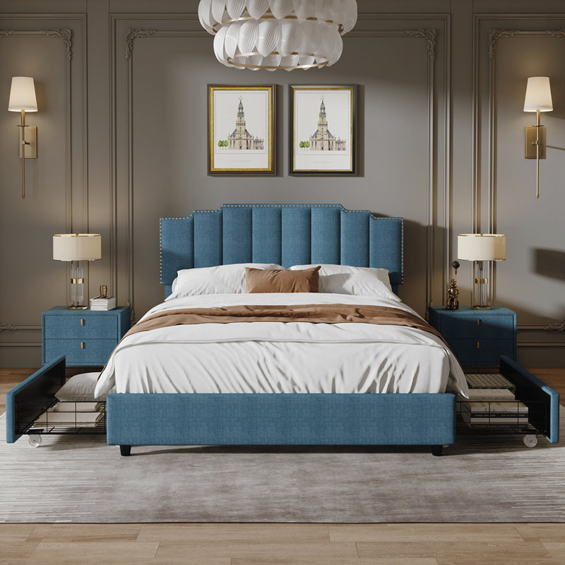 Upholstered Wingback Bed, Blue