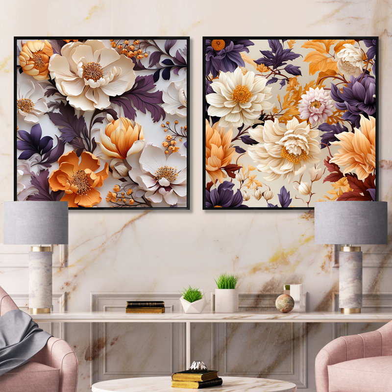 Janes - Ensemble de 2 collages carrés floraux, H 16 po x l 33 po, Cadre flottant noir