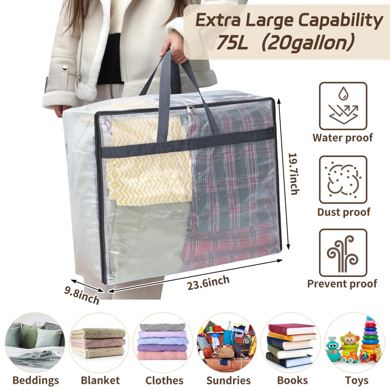 75L Extra Clear Storage Bags With Zipper,(Grey/4 PCS)