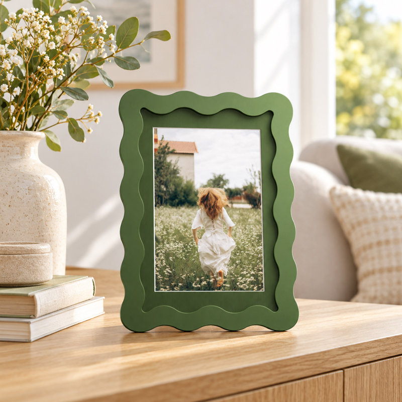 Cadre photo en bois vert 4x6 avec passe-partout et verre véritable