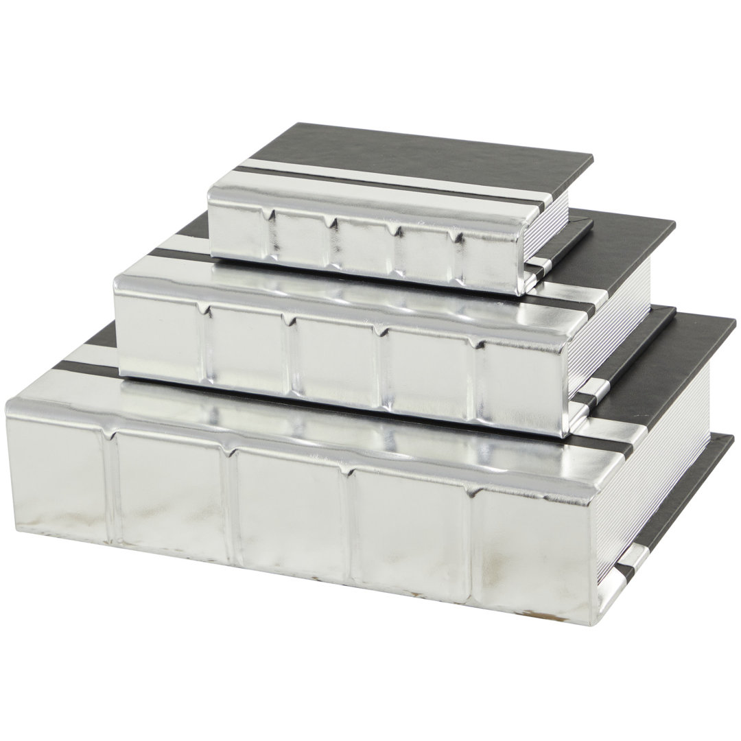 Faux Leather Faux Storage Book Decorative Silver Box with Black Cover and Striped Spine Set (Set of 3) CosmoLiving by Cosmopolitan