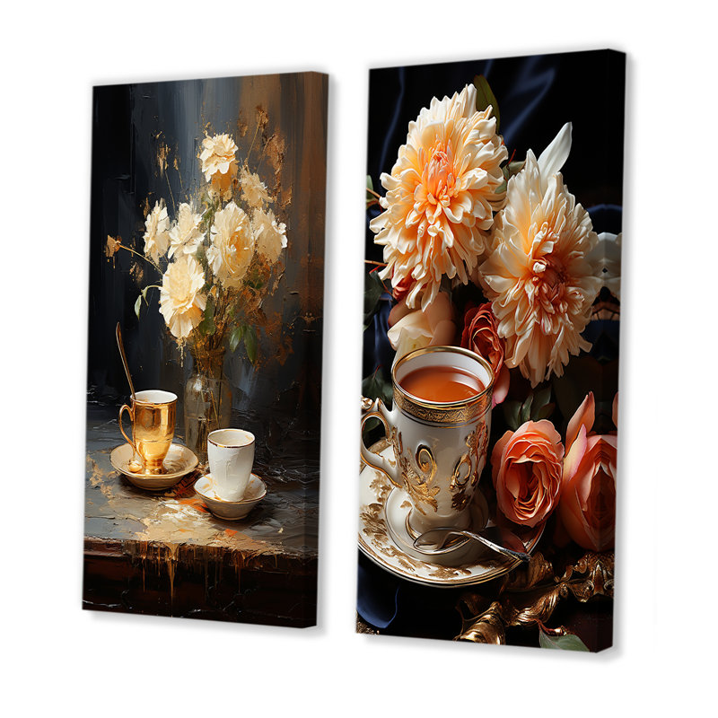 Tea Time Classic Sips - Ensemble de 2 impressions sur toile café et thé, H 28 po x l 25 po, Toile tendue