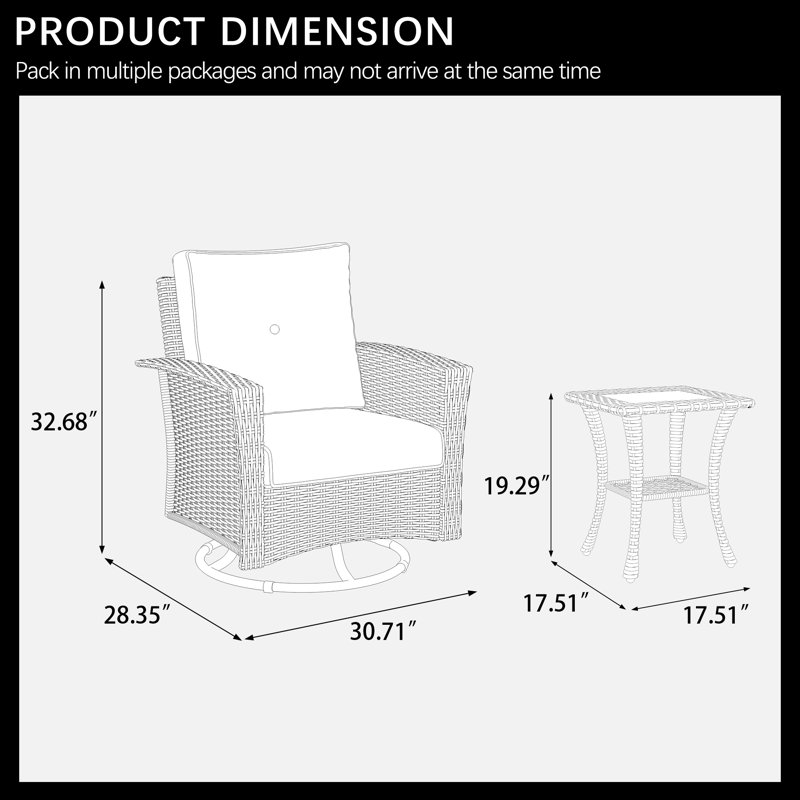 Ensemble de meubles de patio en osier 3 pièces Red Barrel Studio®, ensemble de conversation pivotant 360 degrés avec table basse Classis
