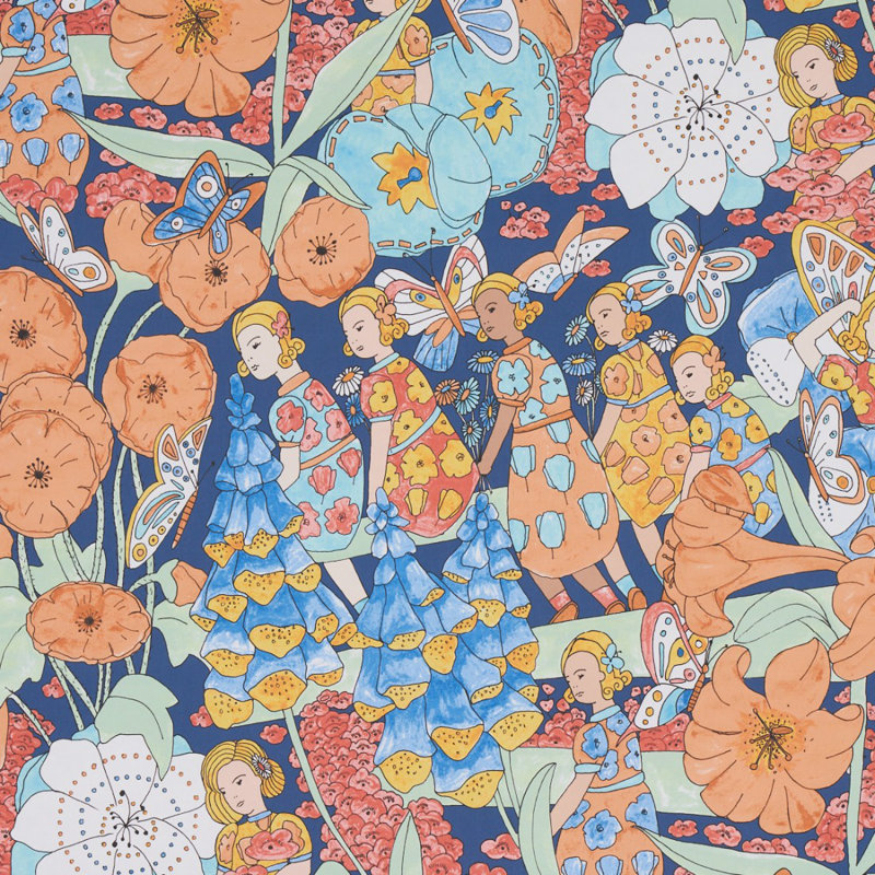 Papier peint Schumacher x Clements Ribeiro, Orange et bleu marine