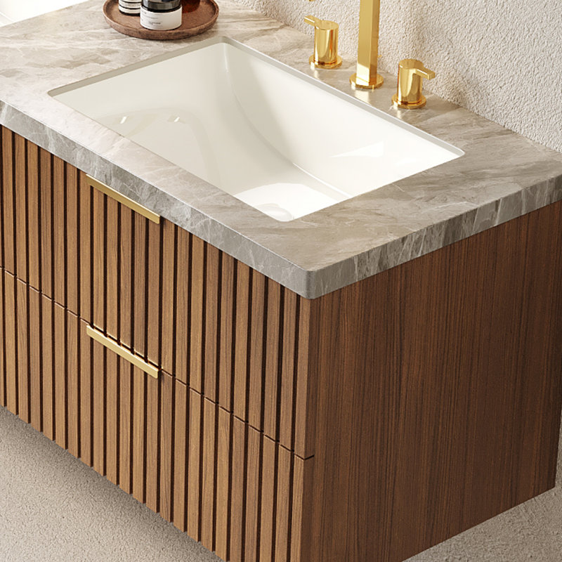 Meuble-lavabo double 60 po, comptoir en pierre frittée, 4 tiroirs à fermeture en douceur, finition grain de bois de chêne brun, pré-assemblé