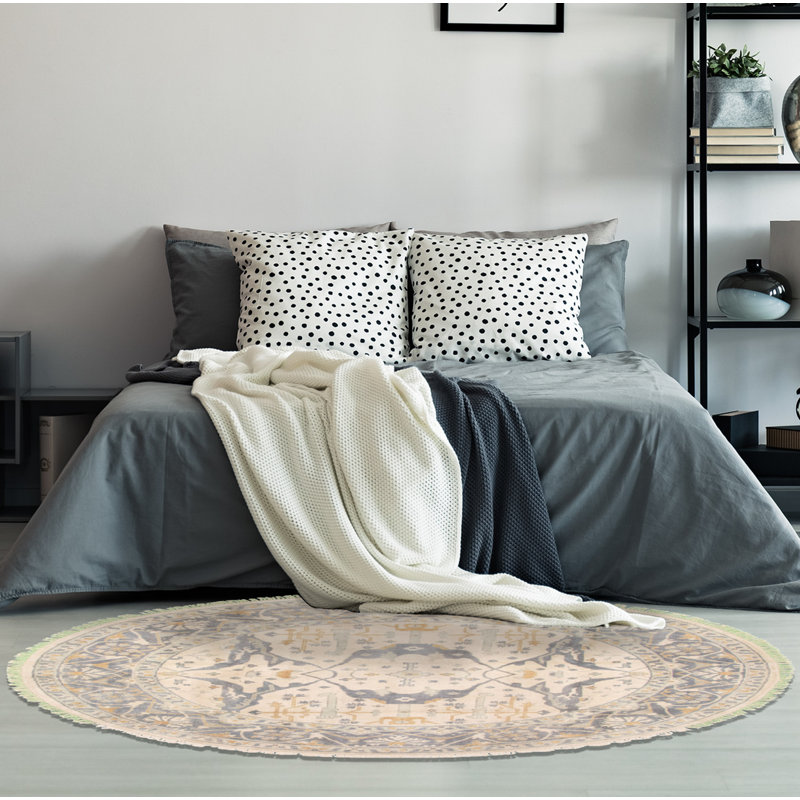Tapis rond unique en laine noué à la main de style Ushak crème / gris / brun clair 9 pi 10 po x 9 pi 10 po One-of-a-Kind