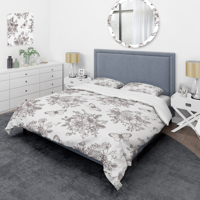 Fleurs et papillons I - Ensemble de housse de couette floral - Polyester en microfibre