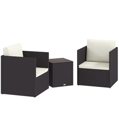 Ensemble de meubles de patio 3 pièces, chaises H 26 po avec coussins lavables, table basse en verre H 18,1 po, brun / noir / crème