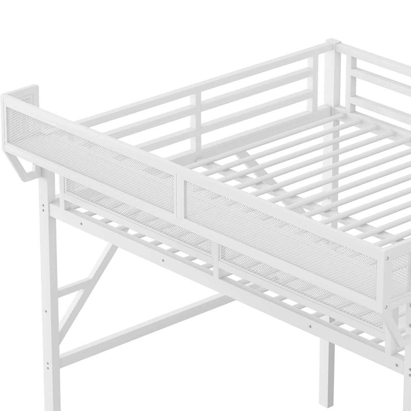 Lit mezzanine en métal avec bureau et station de charge Lit mezzanine avec lumière pour enfants adolescents, Blanc, Grand lit