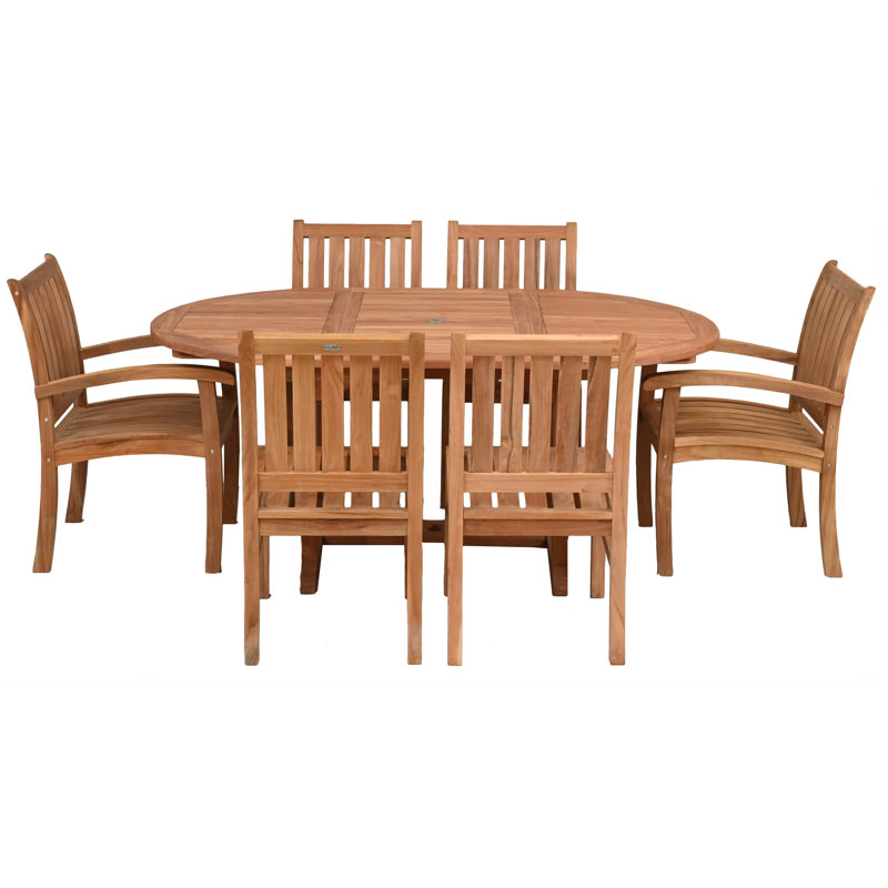 Ensemble de salle à manger 7 pièces en bois de teck comprenant une table d'extension ronde à ovale avec 2 accoudoirs Abacho et 4 chaises d'appoint