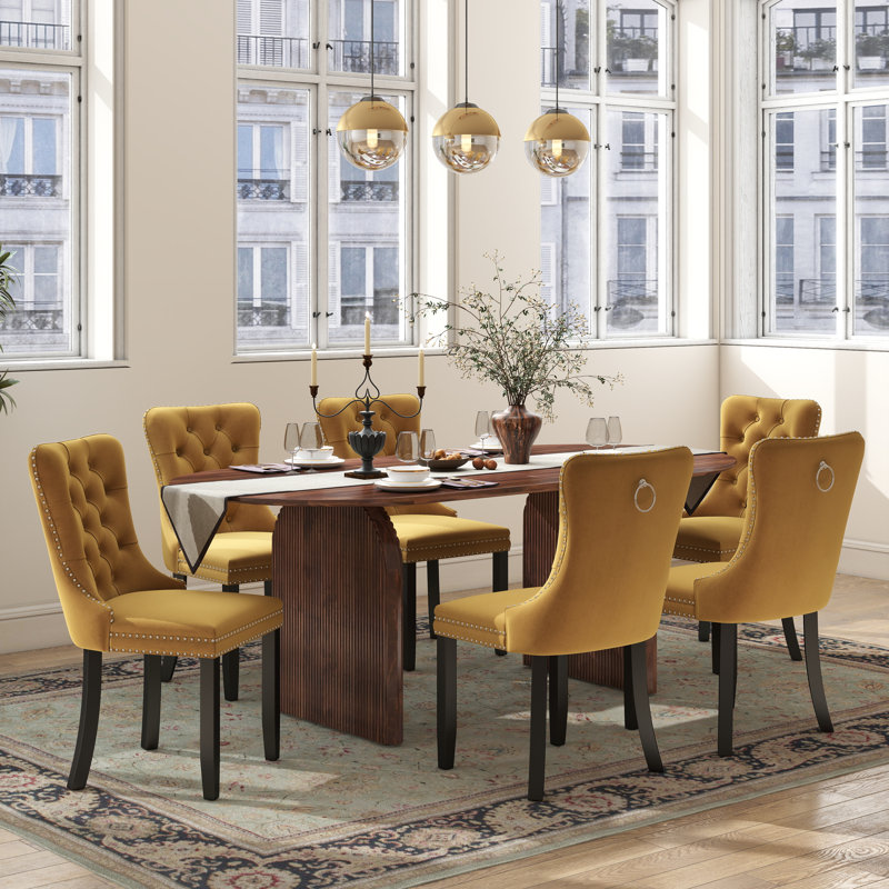 Ensemble de salle à manger Mid-Century, Brun, 7 pièces : table, 6 chaises, Jaune