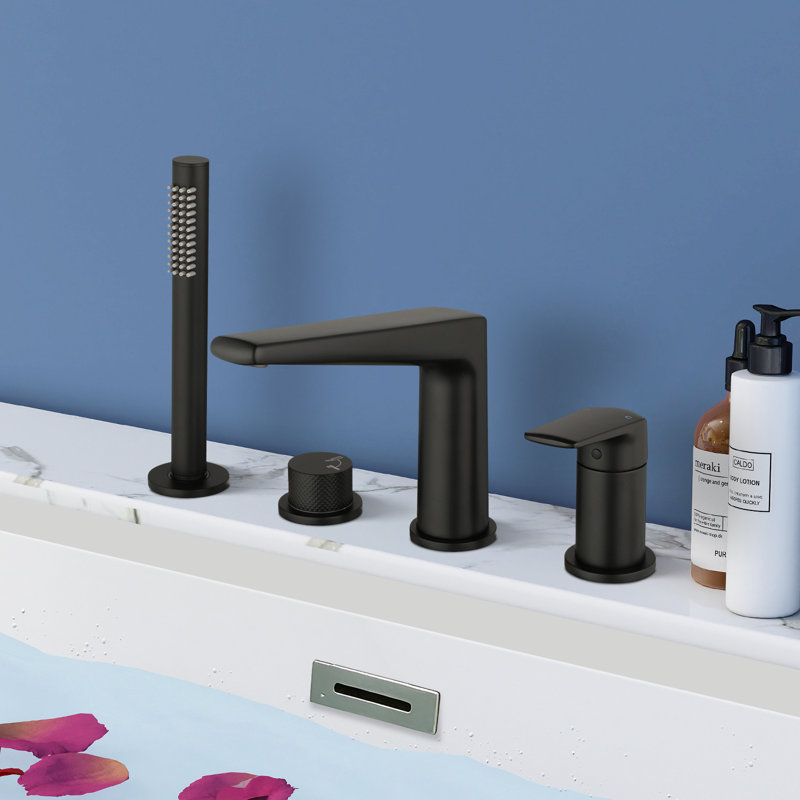 Robinet de baignoire à fixation sur plateau à 4 trous avec douche à main Topcraft, Noir mat