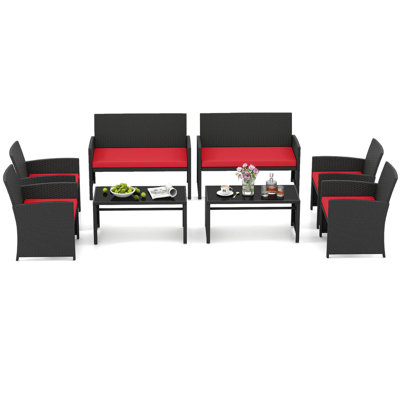 8 PCS Patio Conversation Set with Seat Cushions & Tempered Glass Tabletop, Porch Red+Black