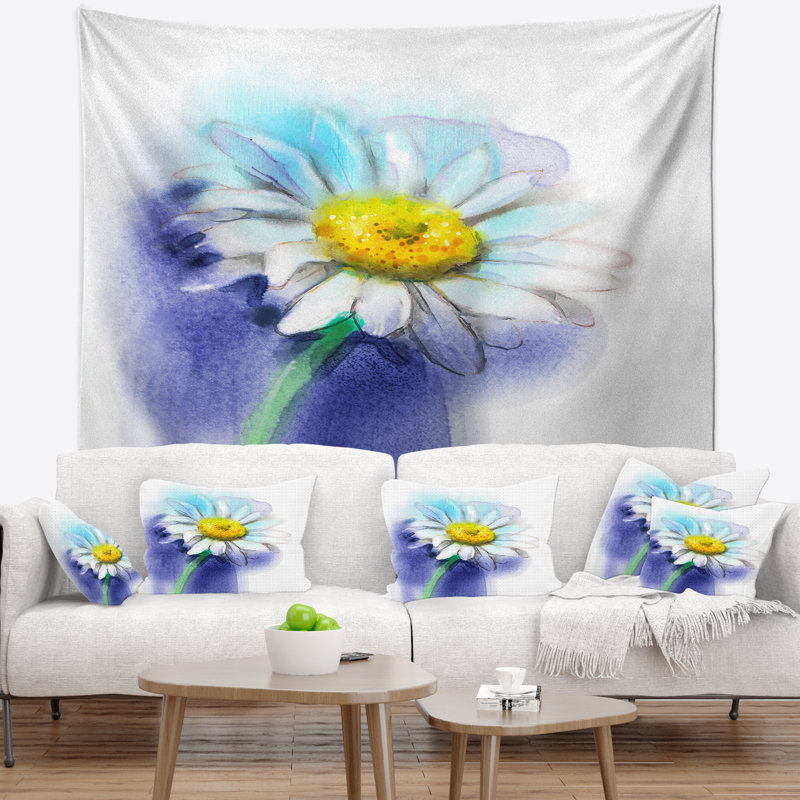 Fleur blanche avec marguerite gerbera et tapisserie bleue, H 78 po x l 92 po
