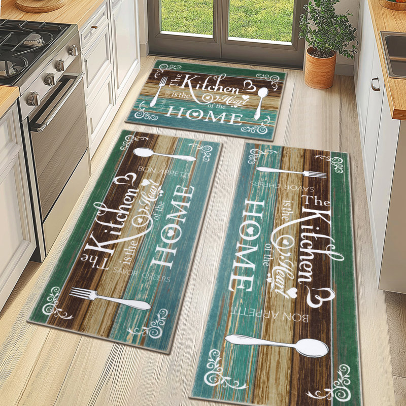 Machine Washable Non-Slip Kitchen Mat, Green/Brown/White