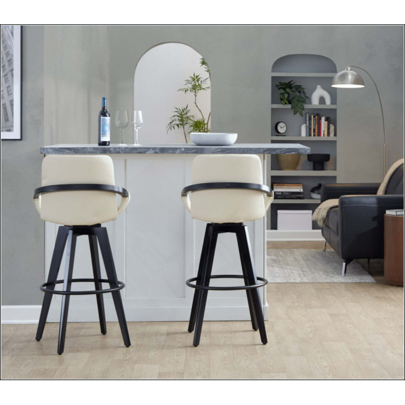Tabouret de bar à hauteur fixe avec pivot en bois avec repose-pieds rond en métal - ensemble de 2, Siège blanc / cadre noir