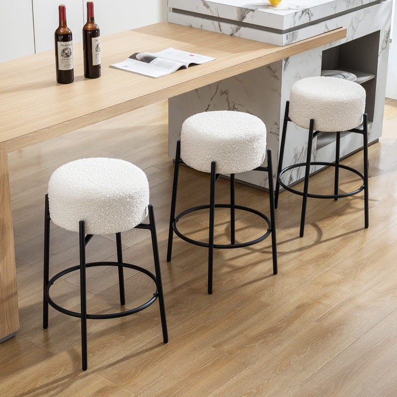 Alonsa Swivel Backless Boucle Upholstered 26.7"H Counter Stool with Steel Frame (Set of 2/3), White, 3