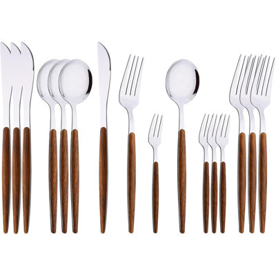 Ensemble de couverts 16 pièces en acier inoxydable effet bois avec fourchettes à gâteau, poli miroir, va au lave-vaisselle