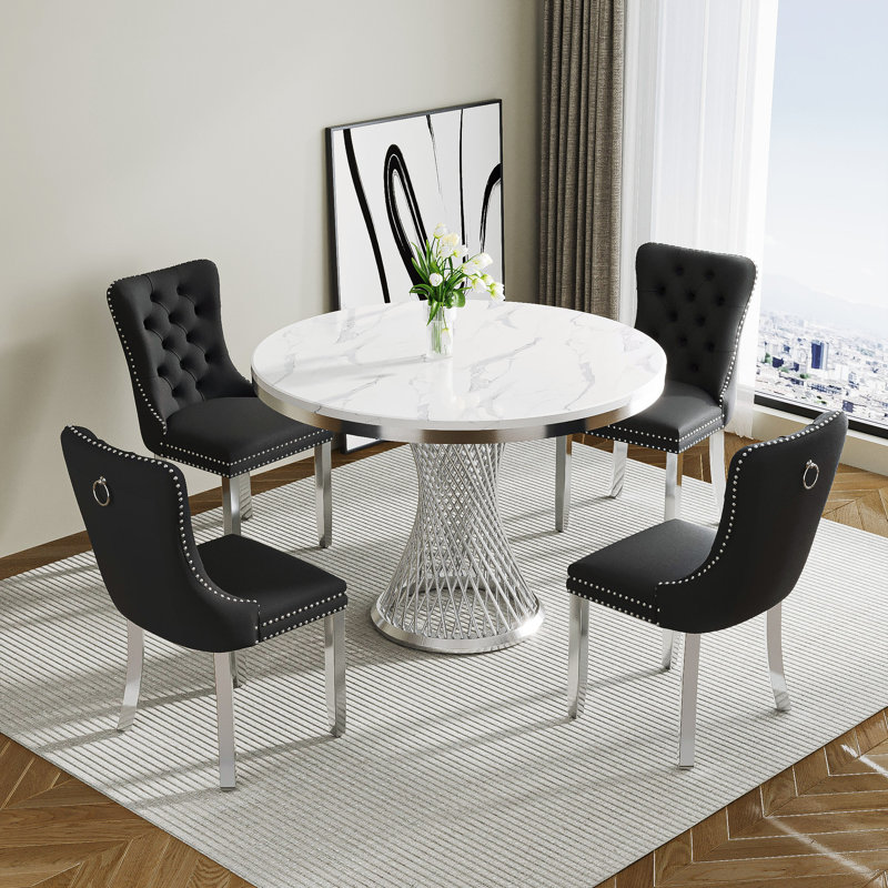 47" 4 - Person Round Marble Dining Table set, Black/Silver, Silver