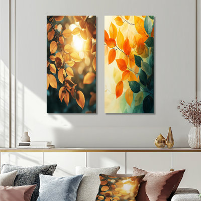 «Sun-Kissed Leaves II - Botanical», ensemble de 2 reproductions d'art murales en métal