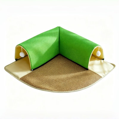 Corner Breathable Cooling Mat Cat Tunnel Bed, 2-in-1 Large Integrated Summer Pet Play House with Scratch Pad, Foldable Dual Entrance Self-Hide Play Tent for Indoor Small Cats Kittens