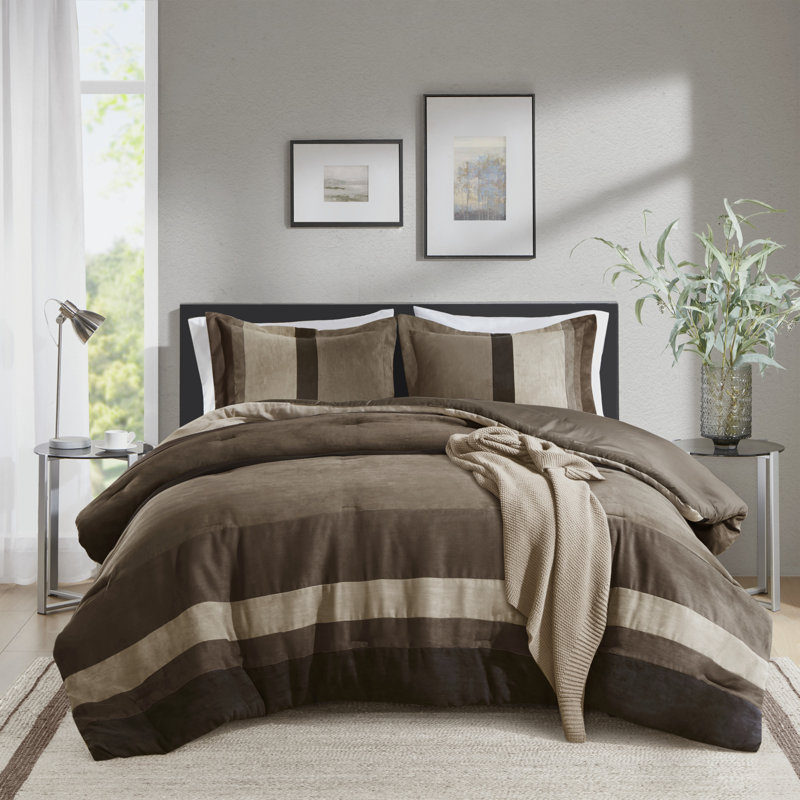 Boulder Striped Microsuede Plush Comforter Set in Farmhouse Style, Full/Queen Comforter + 2 Standard Shams, Brown