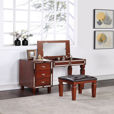 Traditional Formal Cherry Color Vanity Set W Stool Storage Drawers 1pc Bedroom Furniture Set Tufted Seat Stool